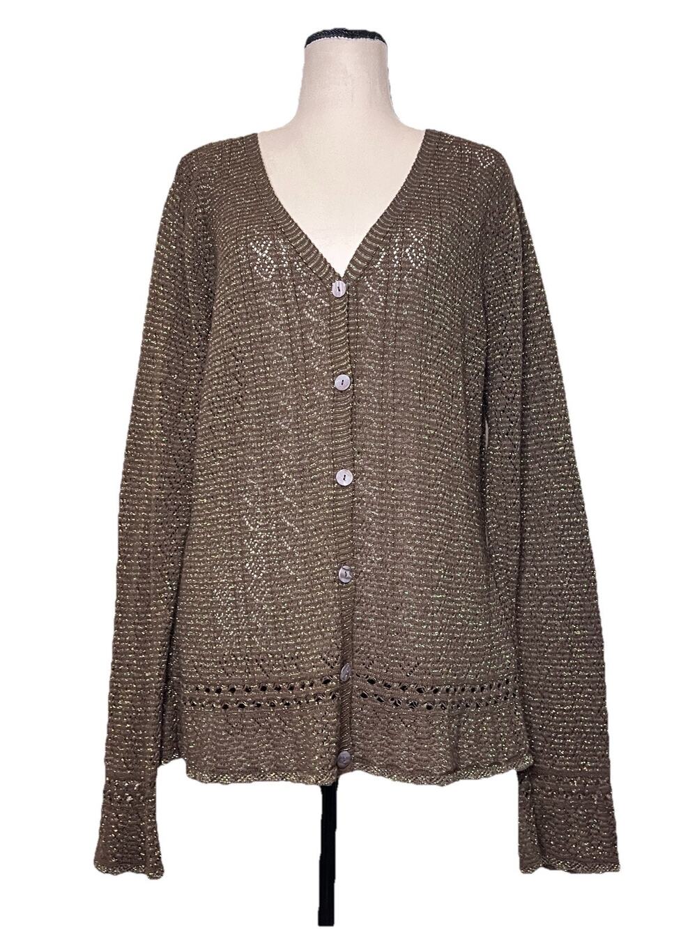 CP Shades Pointelle Knit‎ Cardigan Brown Lurex Metallic Threading Cotton Women M